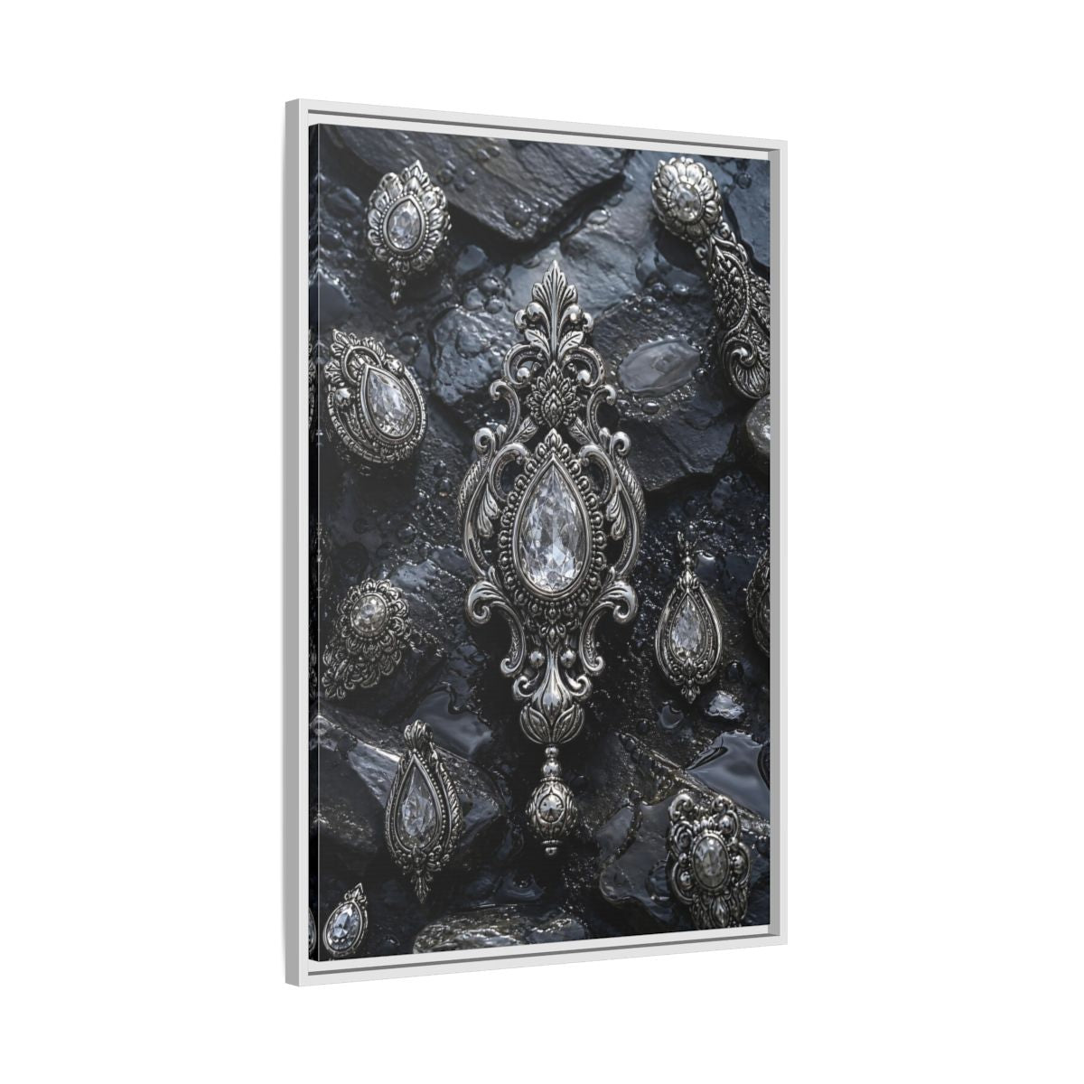 Side Mockup 9. Vintage Ornate Jewelry Silver And Dark shown as stretched canvas wall art