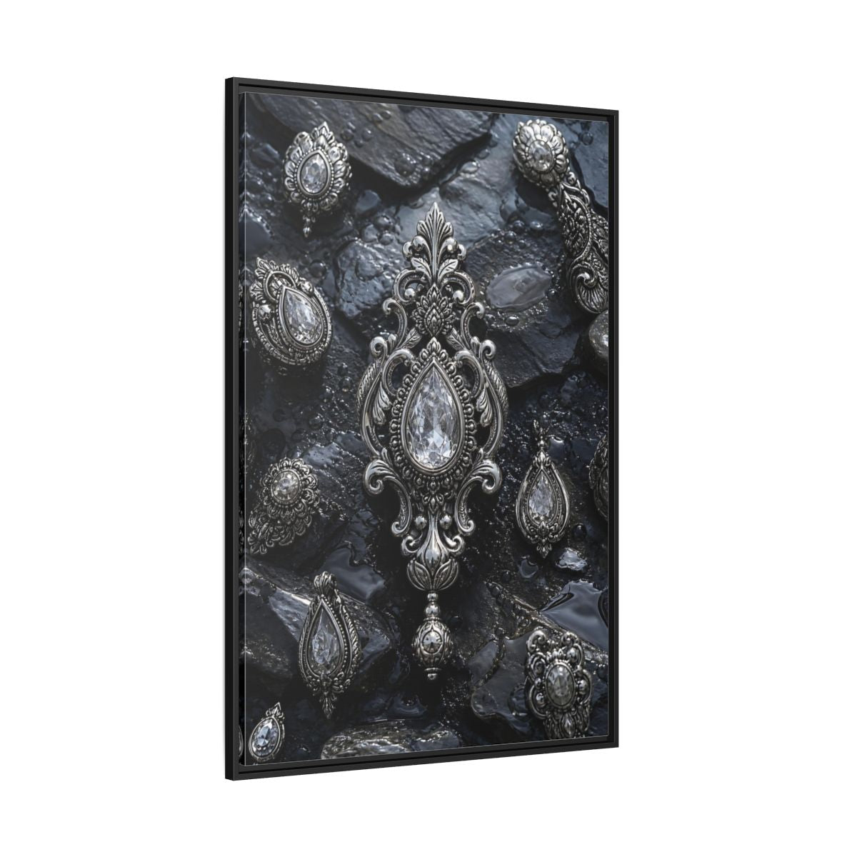 Side Mockup 12. Vintage Ornate Jewelry Silver And Dark shown as stretched canvas wall art