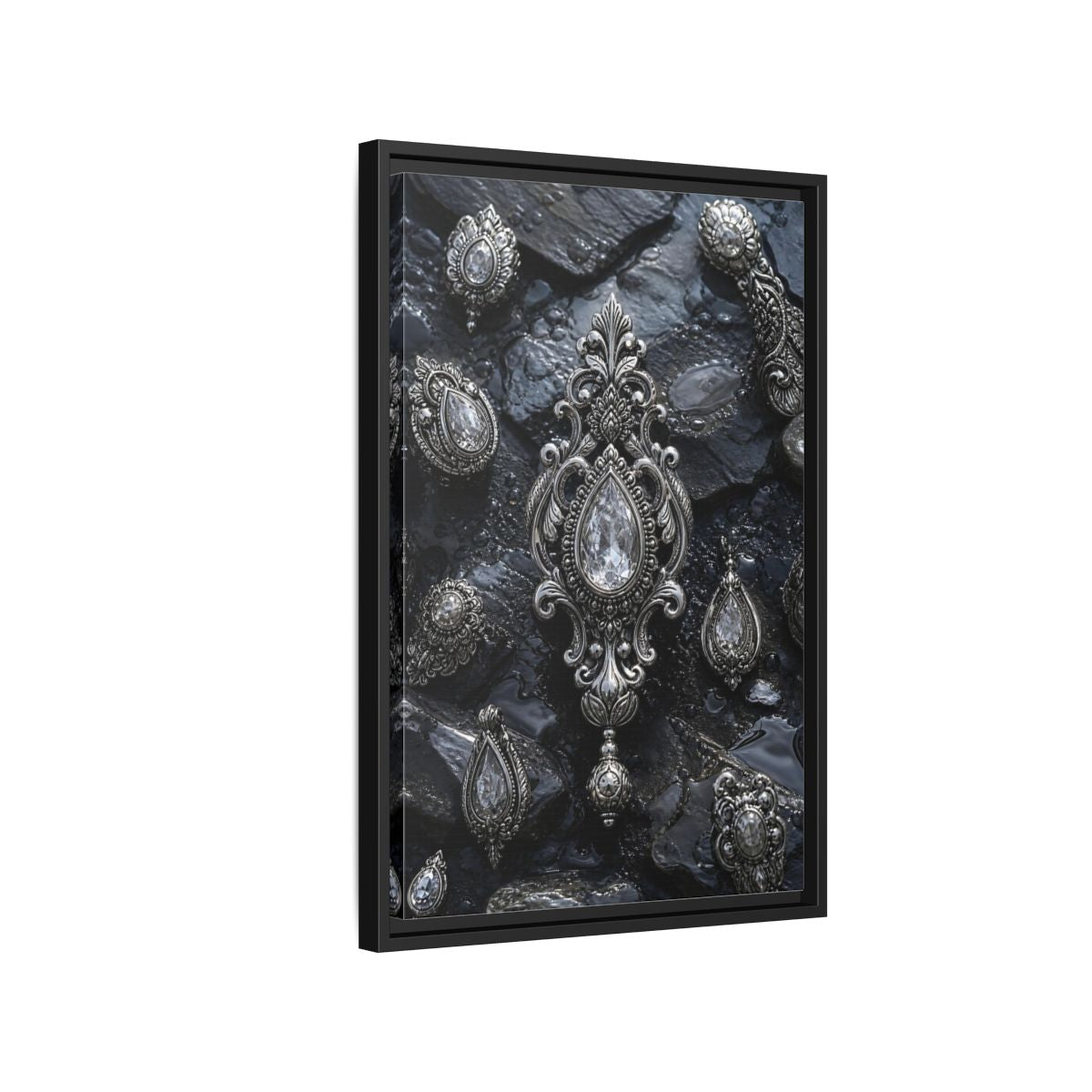Side Mockup 3. Vintage Ornate Jewelry Silver And Dark shown as stretched canvas wall art