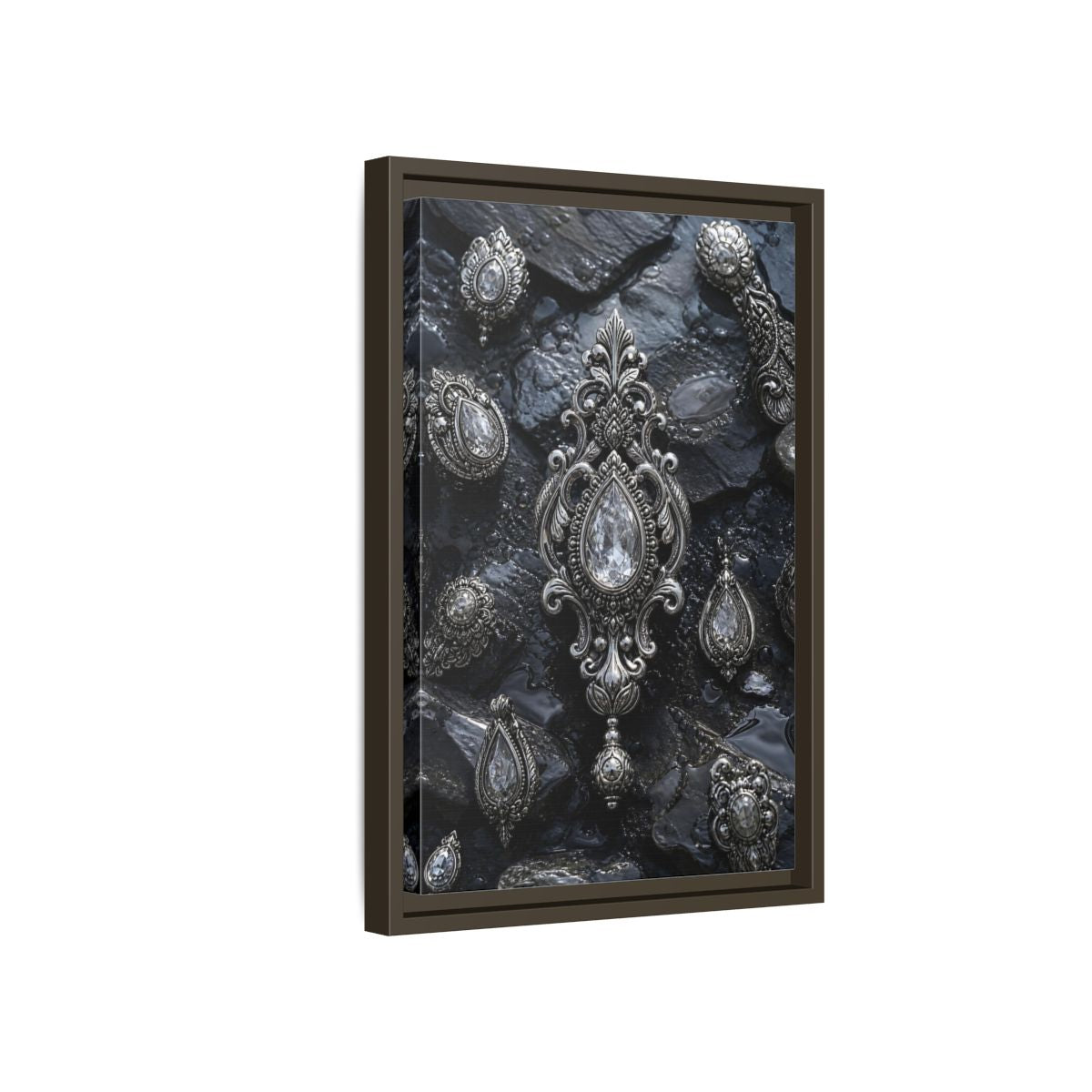 Side Mockup 5. Vintage Ornate Jewelry Silver And Dark shown as stretched canvas wall art