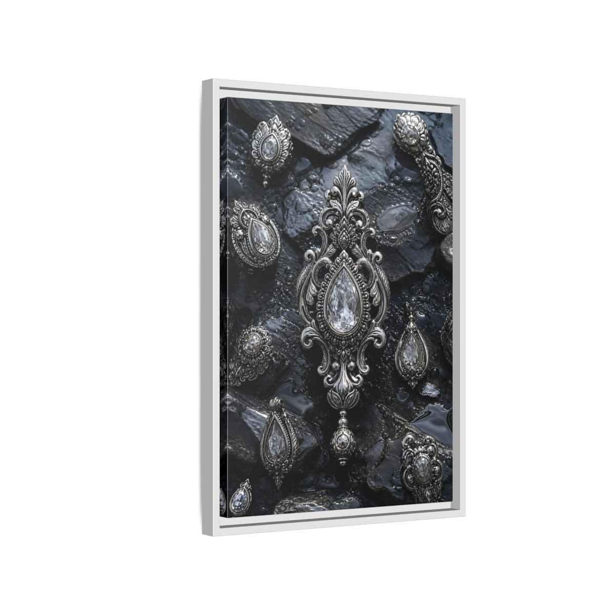 Side Mockup 1. Vintage Ornate Jewelry Silver And Dark shown as stretched canvas wall art