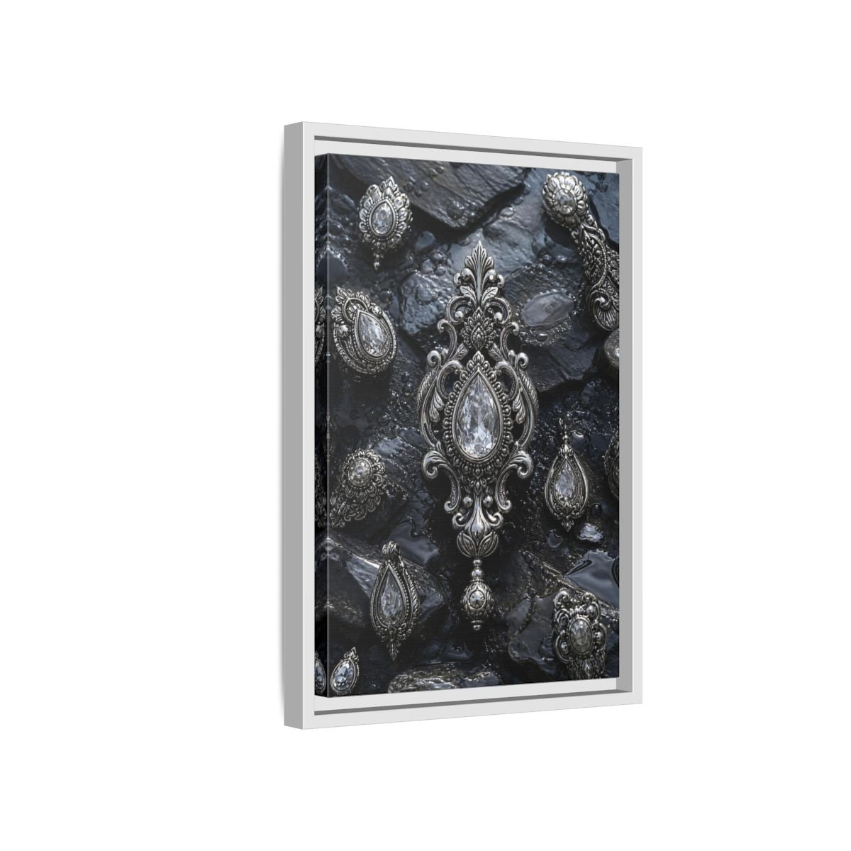Side Mockup 4. Vintage Ornate Jewelry Silver And Dark shown as stretched canvas wall art
