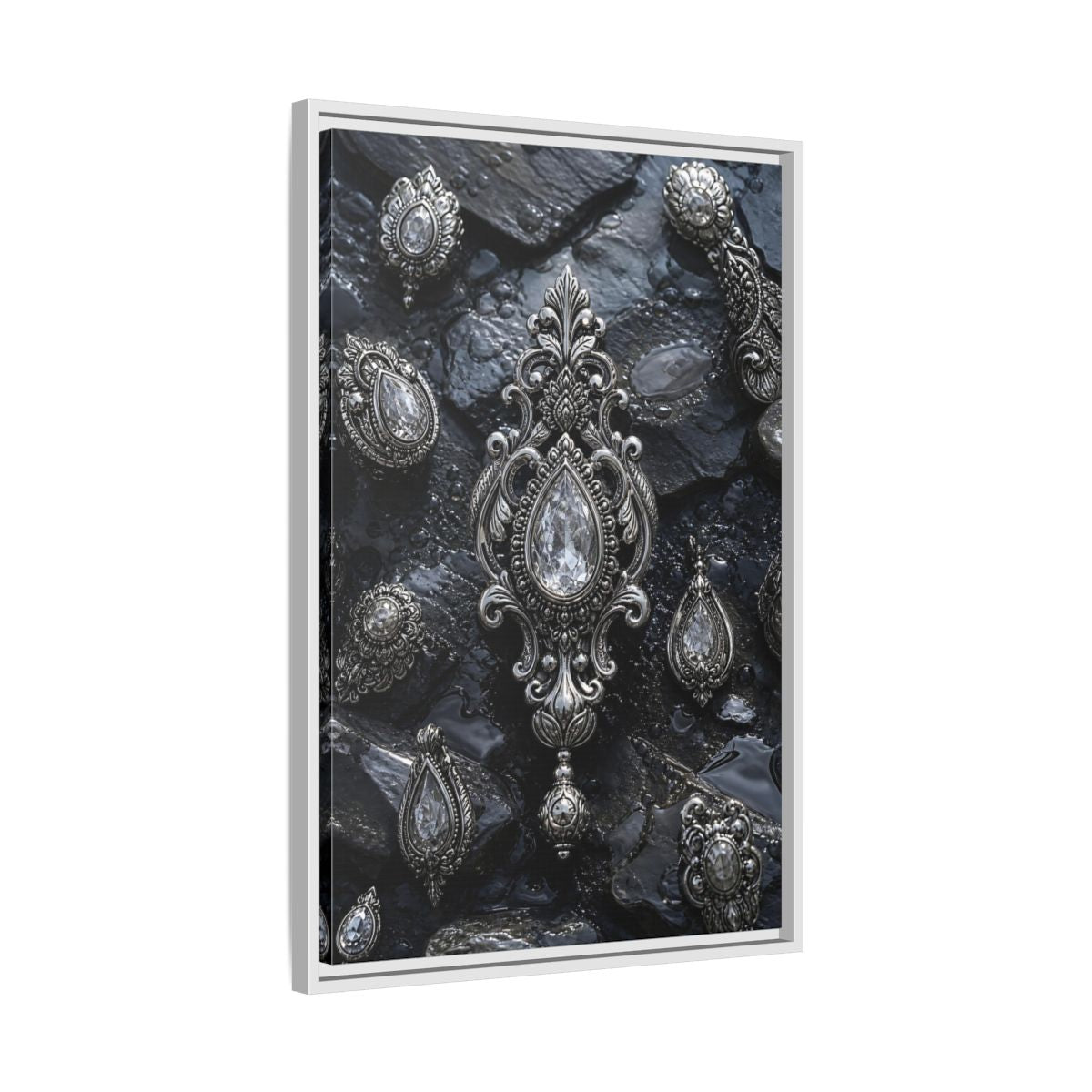 Side Mockup 10. Vintage Ornate Jewelry Silver And Dark shown as stretched canvas wall art