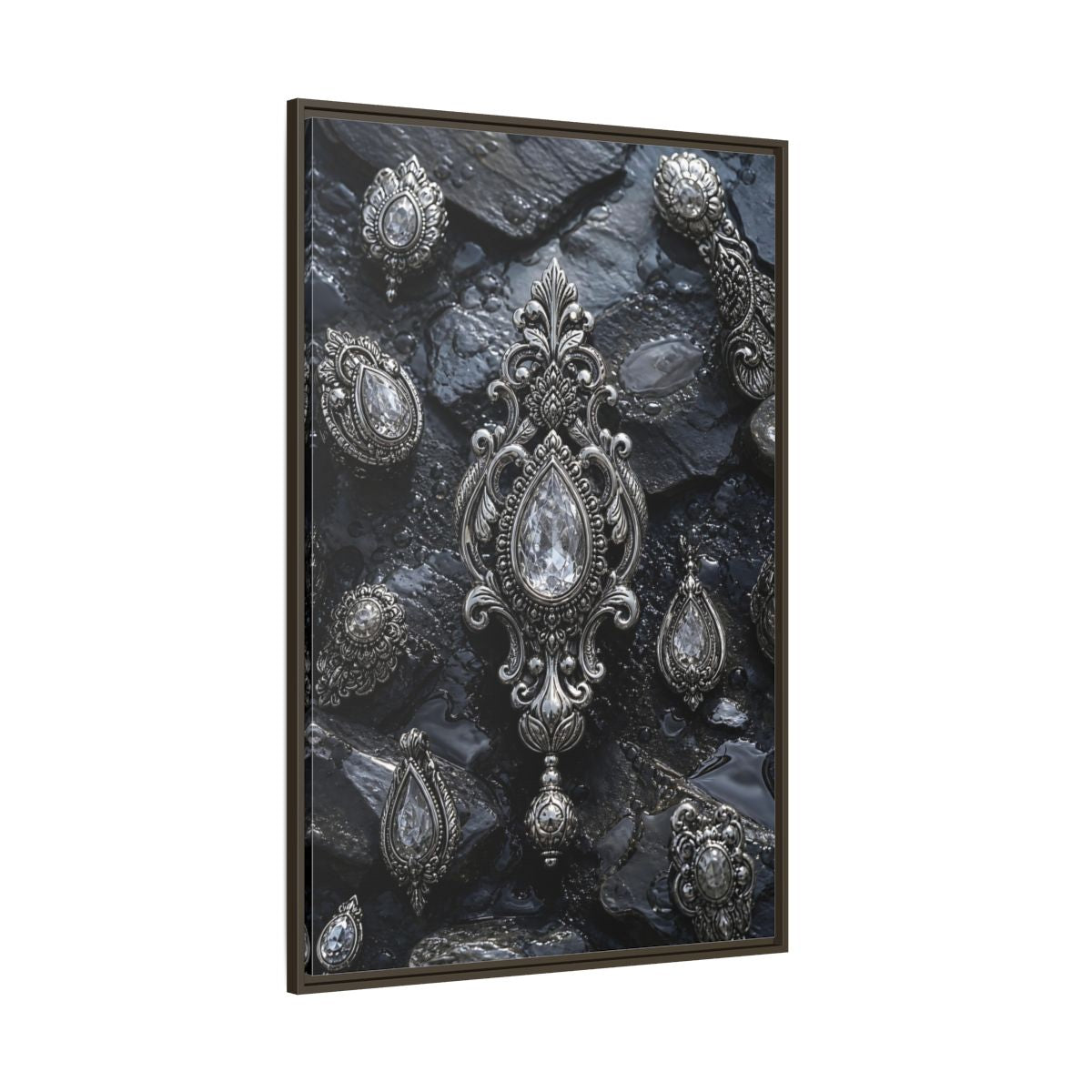 Side Mockup 8. Vintage Ornate Jewelry Silver And Dark shown as stretched canvas wall art