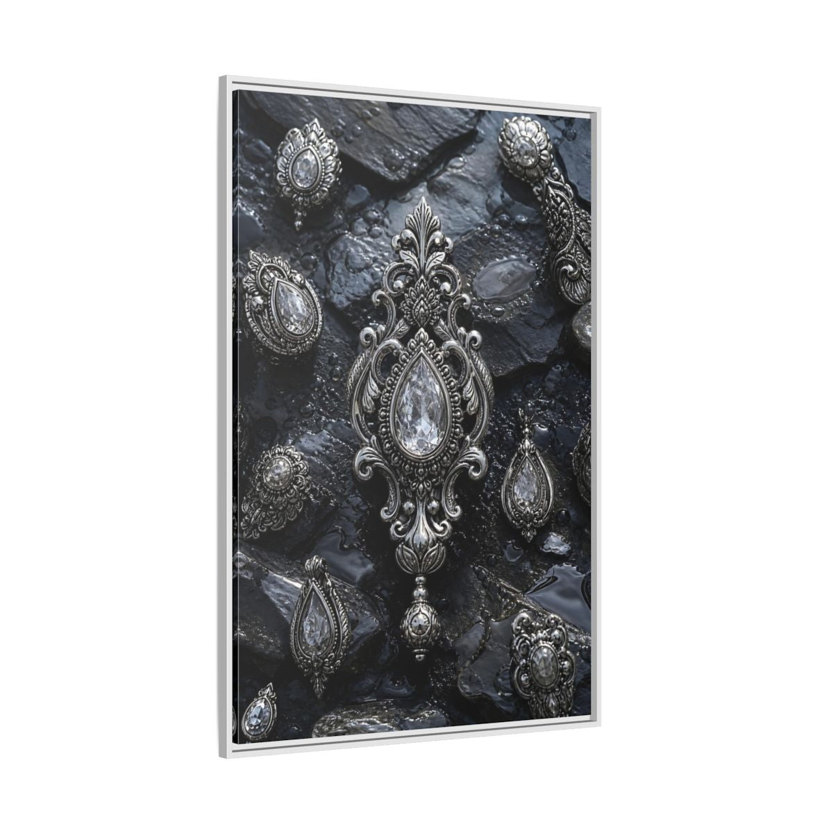Side Mockup 7. Vintage Ornate Jewelry Silver And Dark shown as stretched canvas wall art