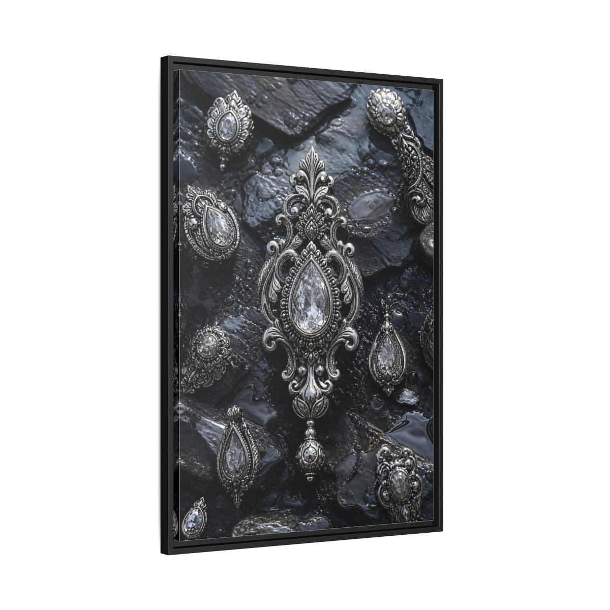 Side Mockup 13. Vintage Ornate Jewelry Silver And Dark shown as stretched canvas wall art