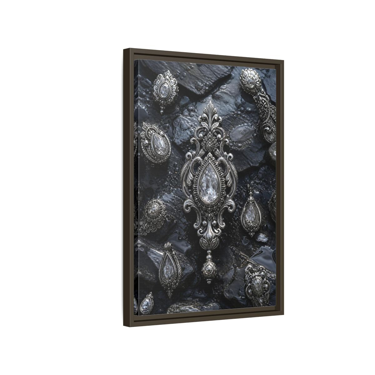 Side Mockup 2. Vintage Ornate Jewelry Silver And Dark shown as stretched canvas wall art