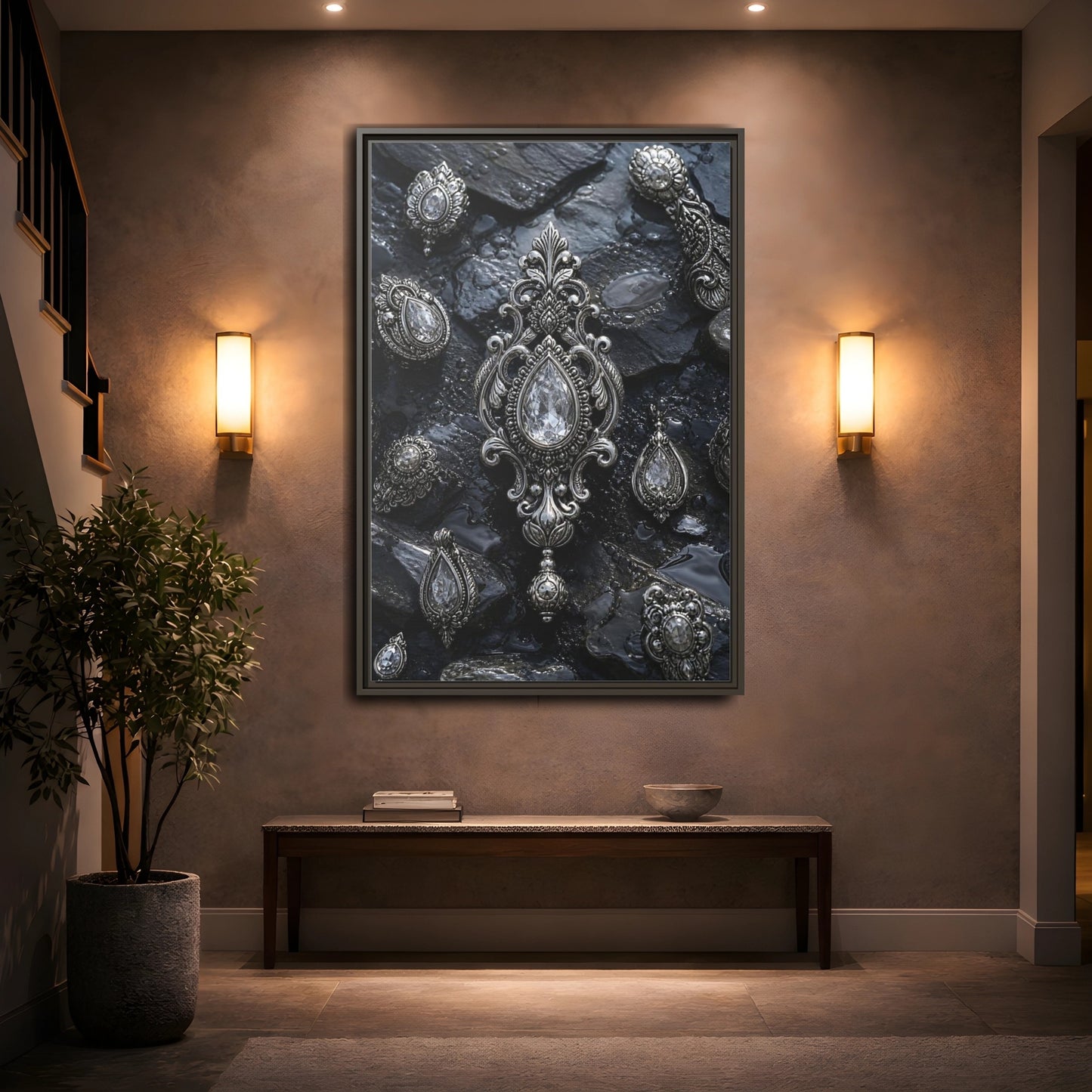 Vintage Ornate Jewelry Silver and Dark Framed Canvas Wall Art - Living Room Above Console Table shown as canvas wall art