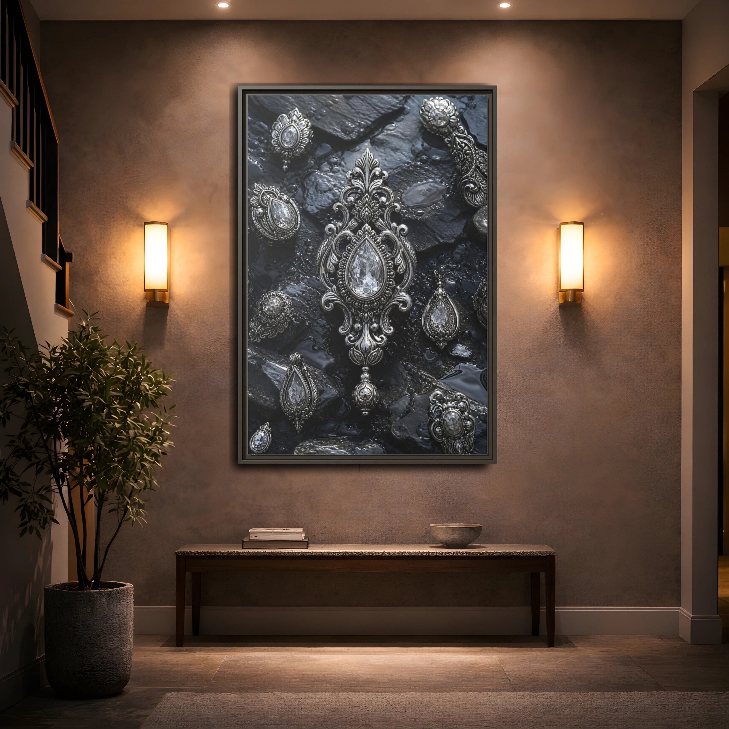 Mockup 2. Vintage Ornate Jewelry Silver And Dark shown as stretched canvas wall art
