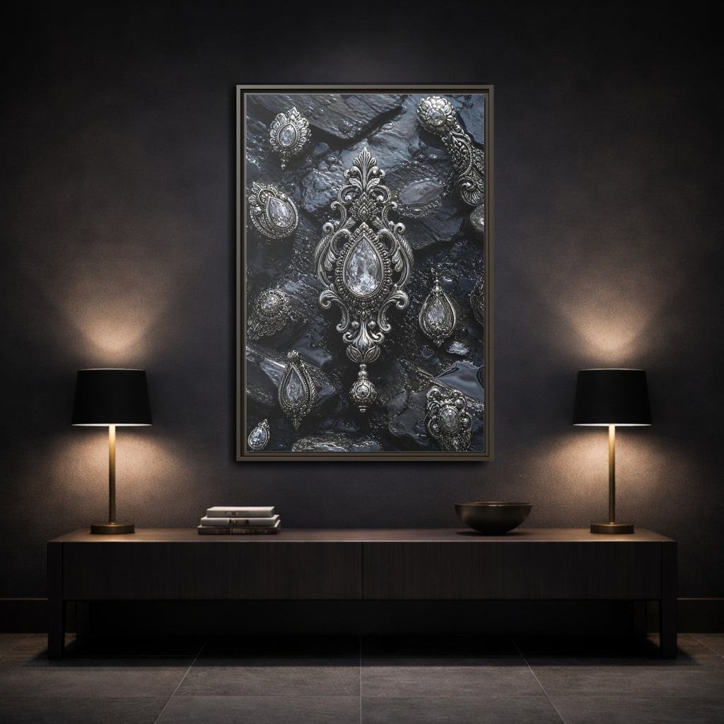 Mockup 3. Vintage Ornate Jewelry Silver And Dark shown as stretched canvas wall art