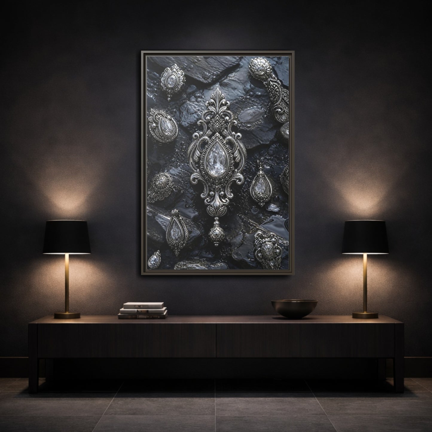 Vintage Ornate Jewelry Silver and Dark Framed Canvas Wall Art - Living Room Above Console Table shown as canvas wall art