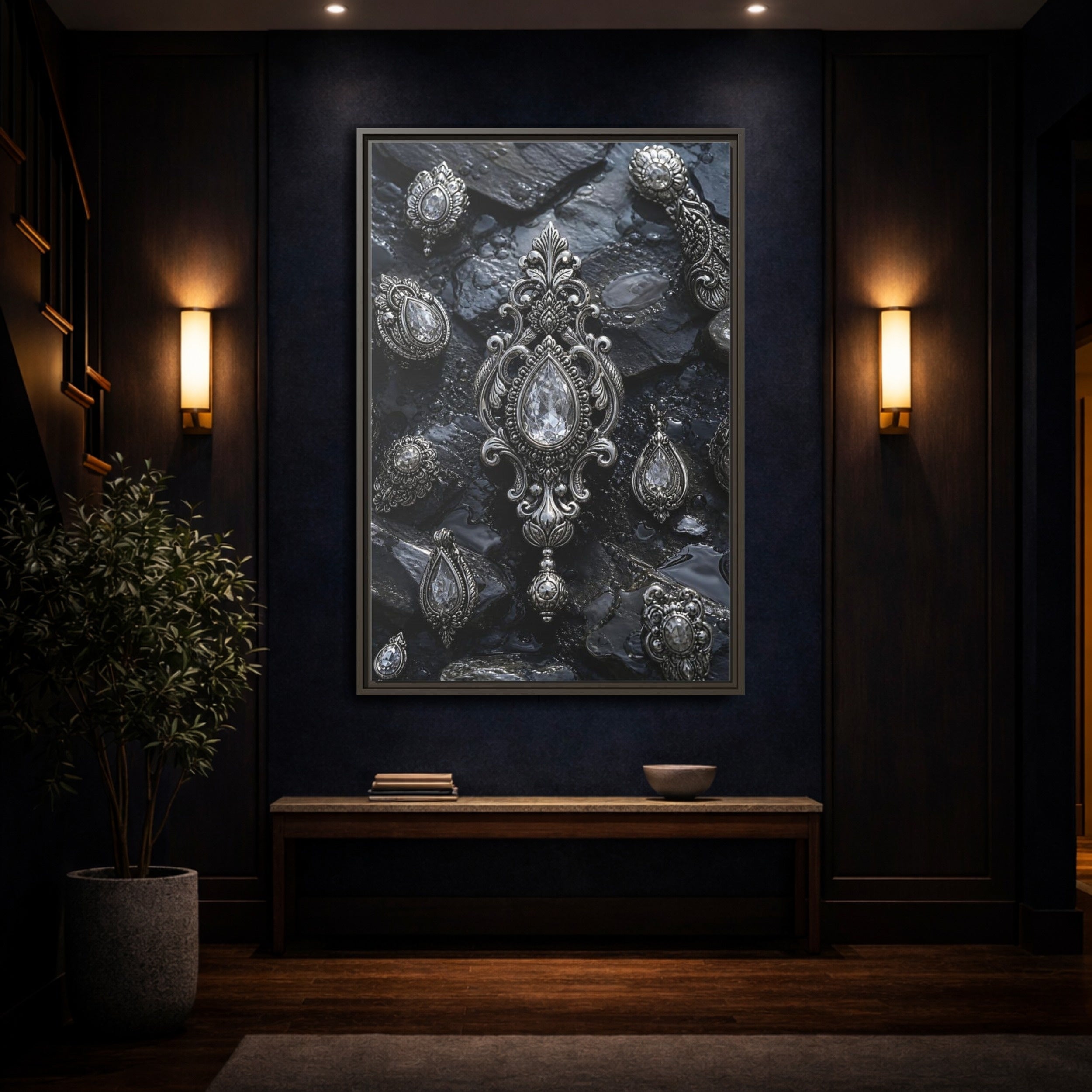 Mockup 4. Vintage Ornate Jewelry Silver And Dark shown as stretched canvas wall art
