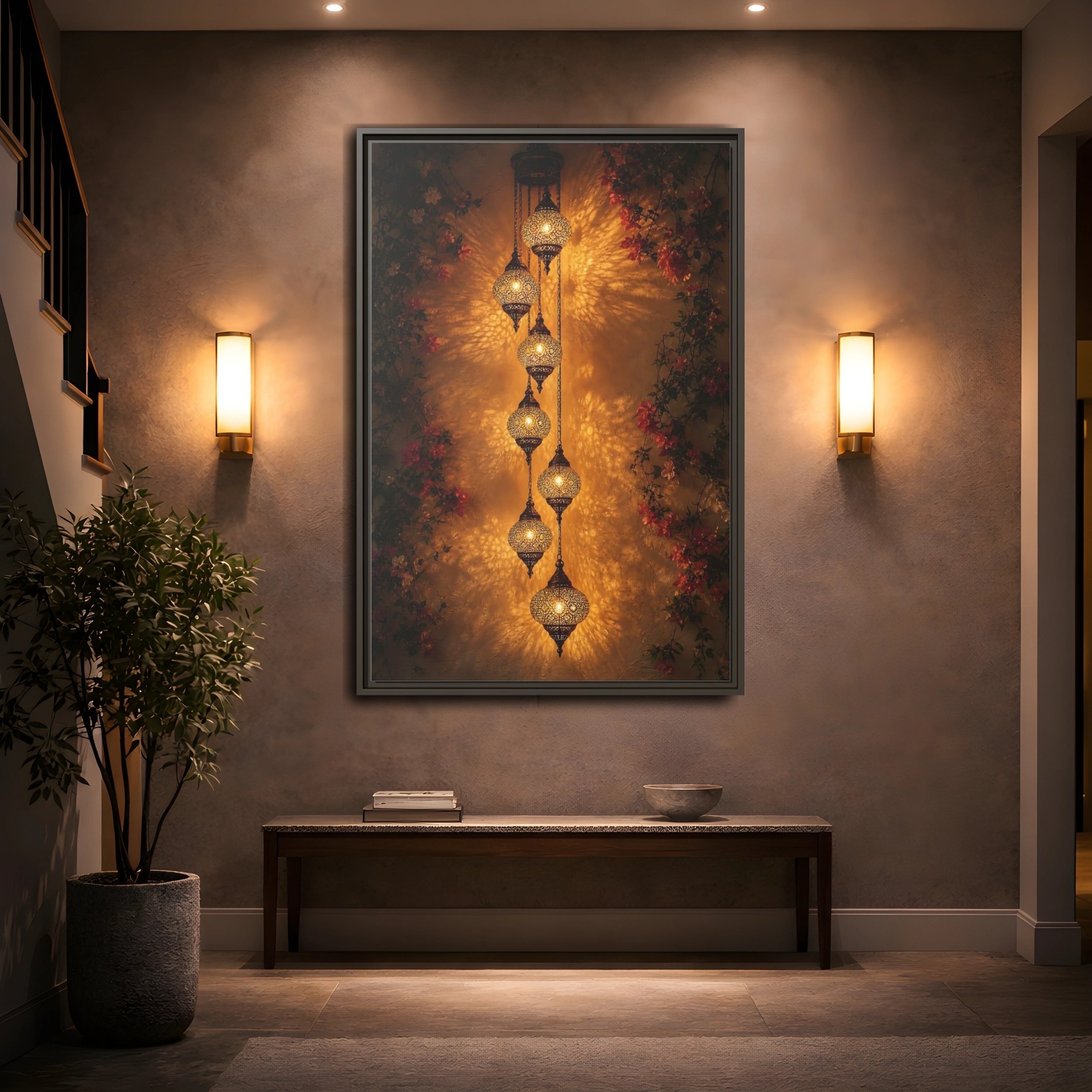 Mockup 2. Vintage Ornate Lanterns Golden Lanterns shown as stretched canvas wall art