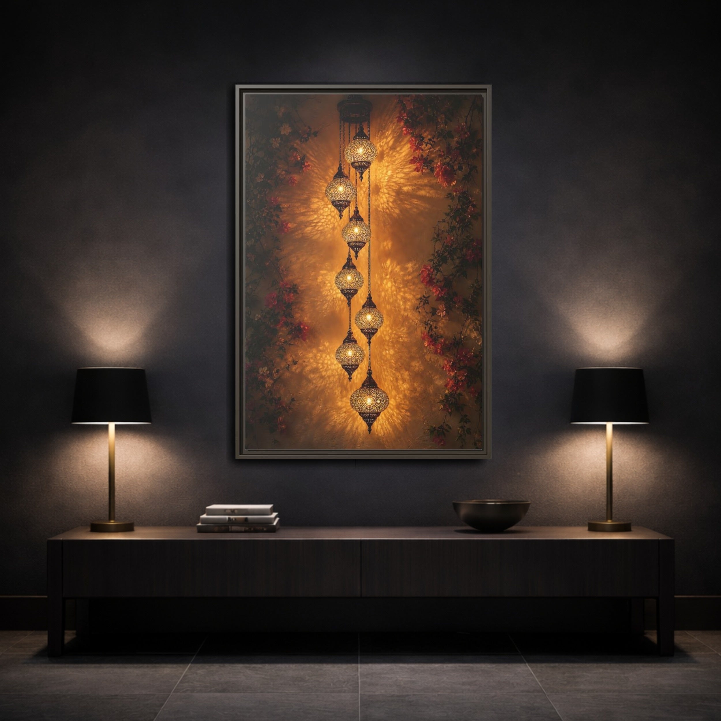 Mockup 3. Vintage Ornate Lanterns Golden Lanterns shown as stretched canvas wall art