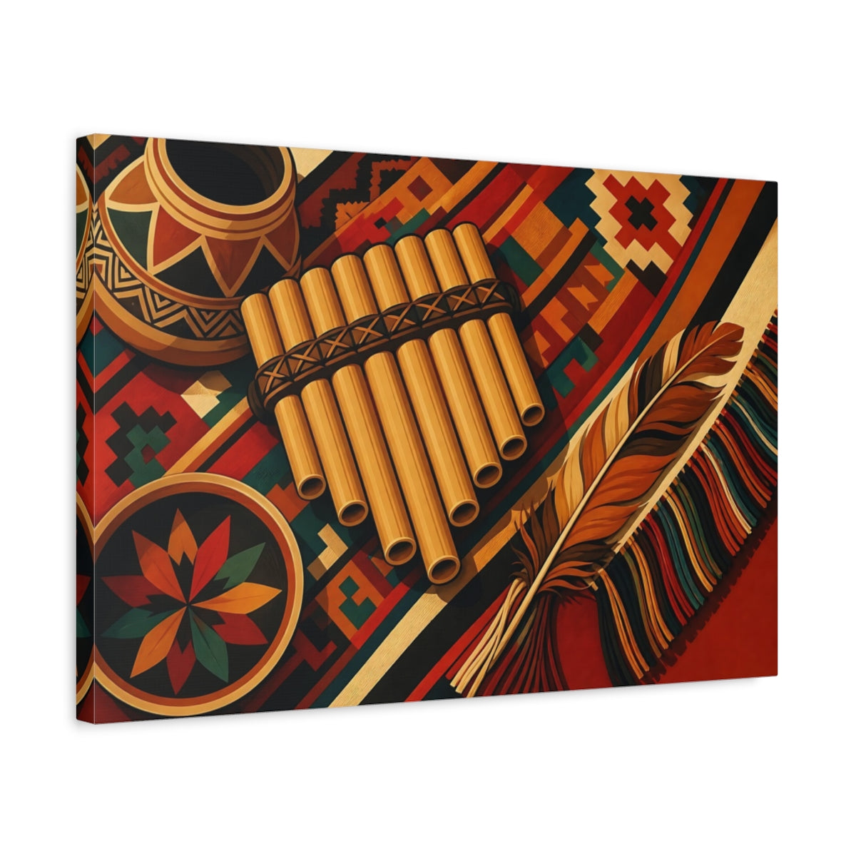 Side Mockup 3. Vintage Pan Flute Colorful Folk Art shown as canvas print