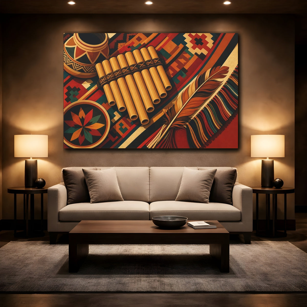 Mockup 2. Vintage Pan Flute Colorful Folk Art shown as canvas print
