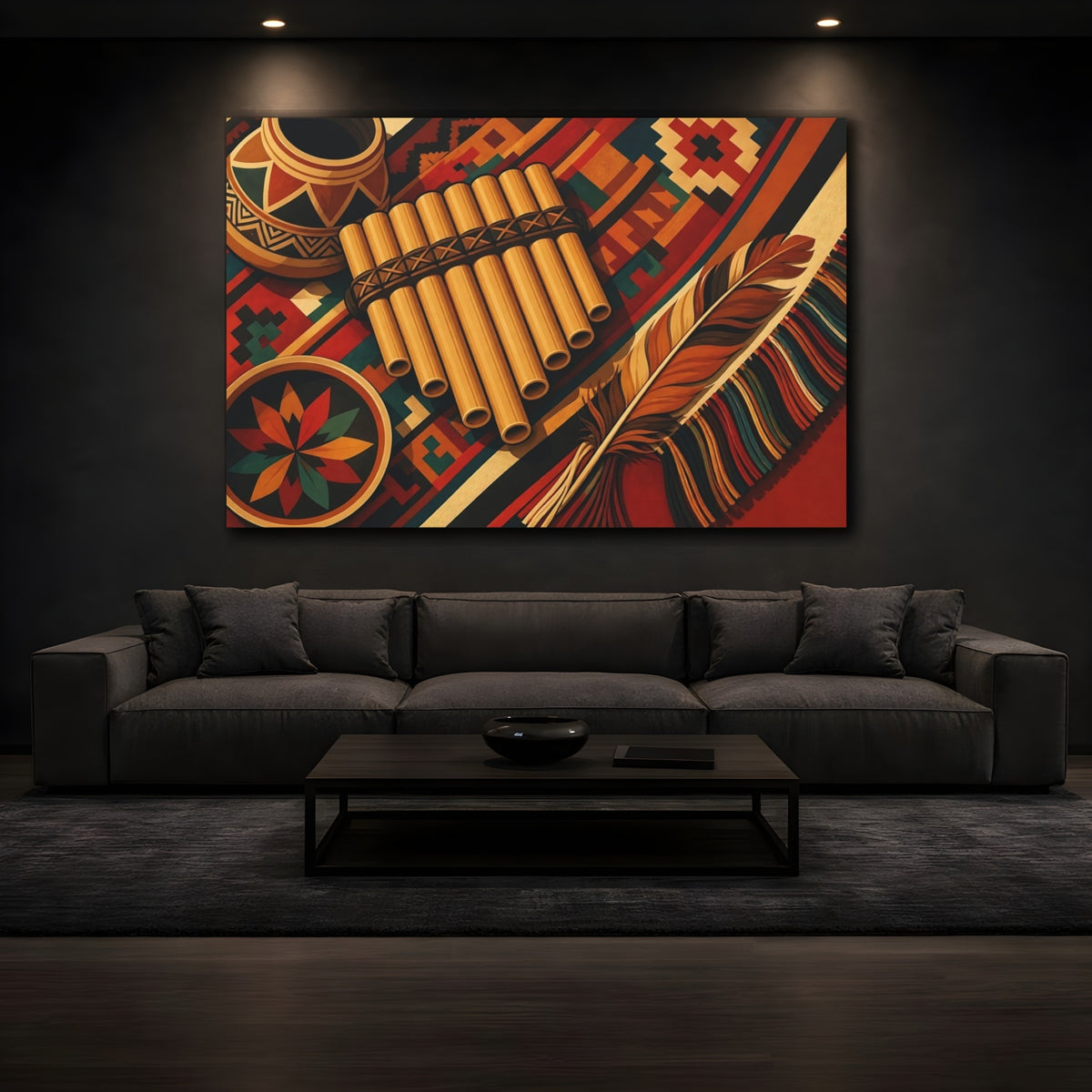 Mockup 3. Vintage Pan Flute Colorful Folk Art shown as canvas print