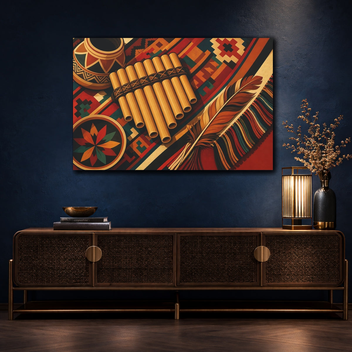 Mockup 4. Vintage Pan Flute Colorful Folk Art shown as canvas print