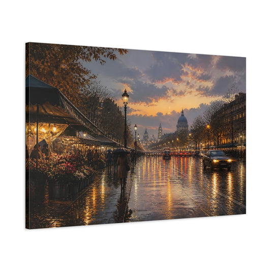 Main Mockup. Vintage Paris Street Orange Cityscape shown as stretched canvas wall art