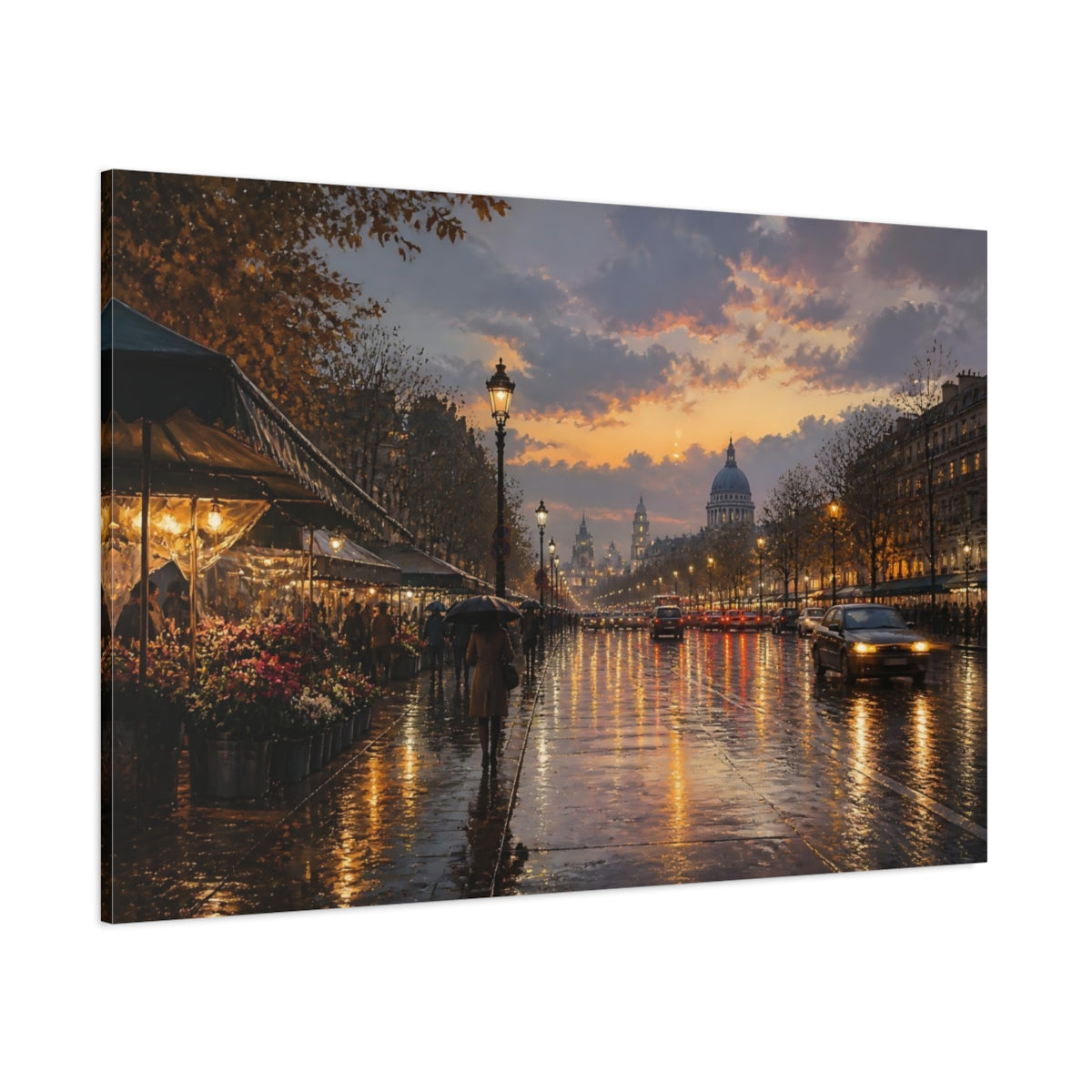 Side Mockup 1. Vintage Paris Street Orange Cityscape shown as stretched canvas wall art