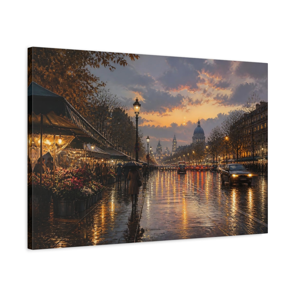 Side Mockup 2. Vintage Paris Street Orange Cityscape shown as stretched canvas wall art