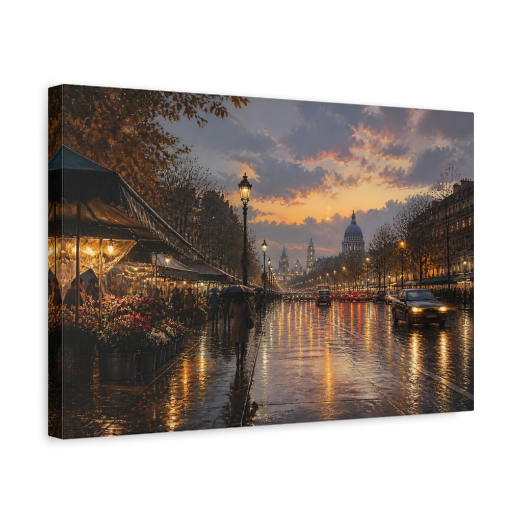 Side Mockup 4. Vintage Paris Street Orange Cityscape shown as stretched canvas wall art