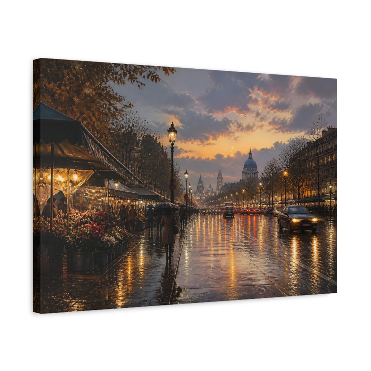 Side Mockup 3. Vintage Paris Street Orange Cityscape shown as stretched canvas wall art