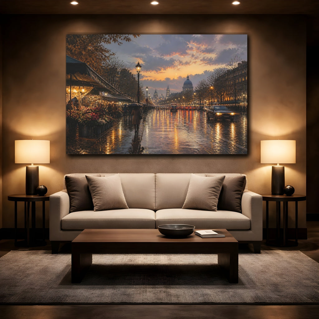 Mockup 2. Vintage Paris Street Orange Cityscape shown as stretched canvas wall art