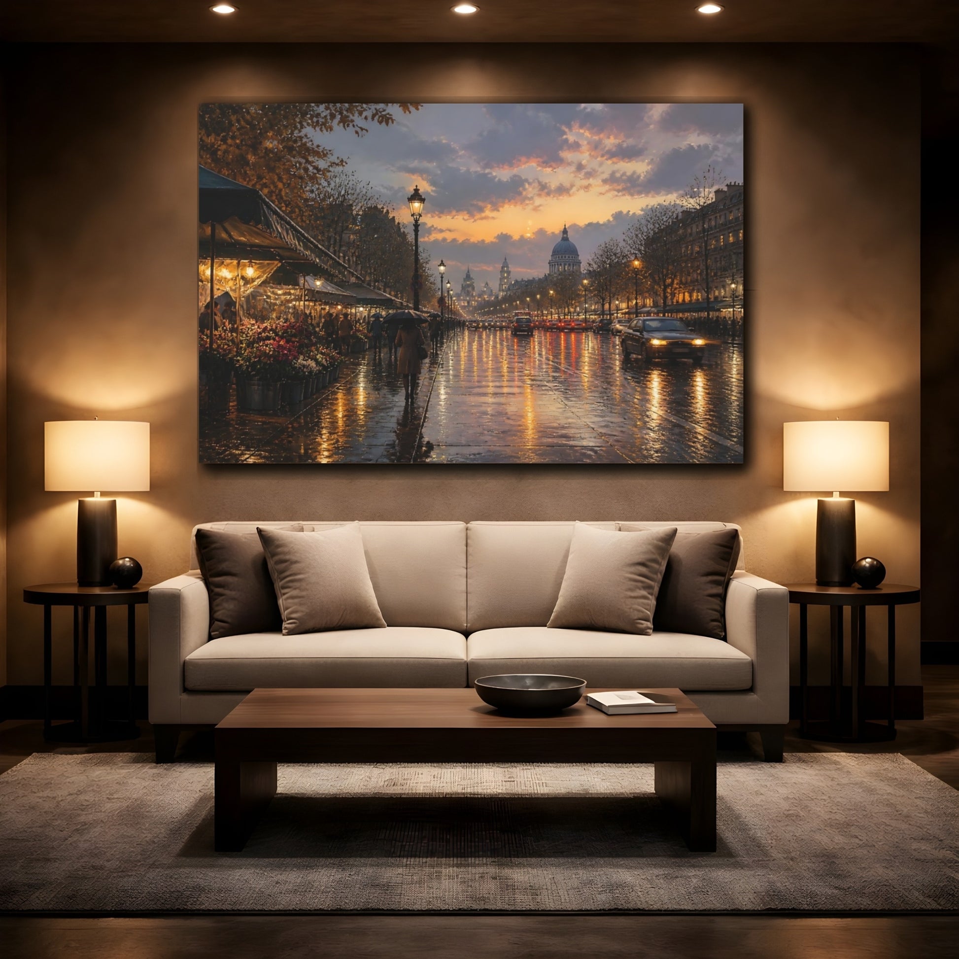 Mockup 2. Vintage Paris Street Orange Cityscape shown as stretched canvas wall art