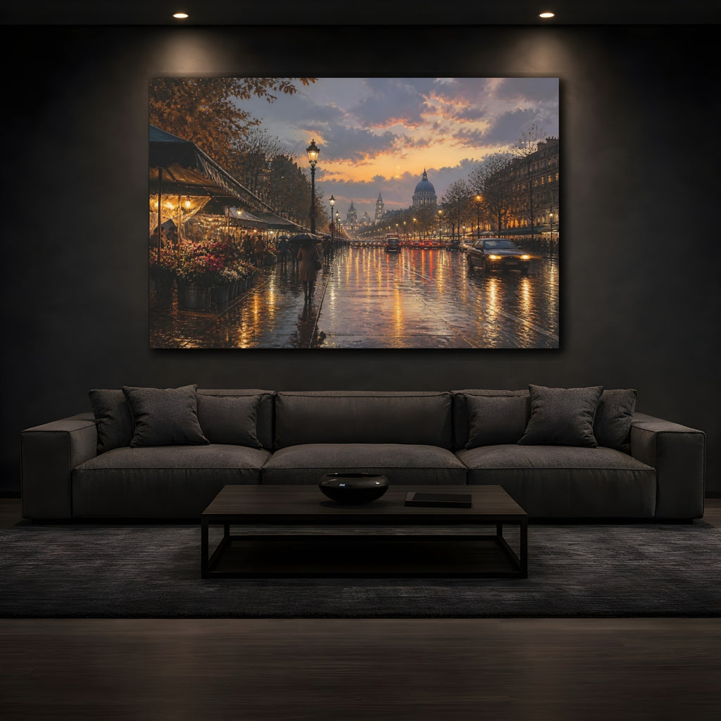 Mockup 3. Vintage Paris Street Orange Cityscape shown as stretched canvas wall art