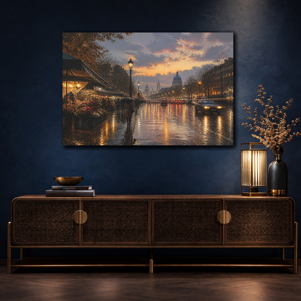 Mockup 4. Vintage Paris Street Orange Cityscape shown as stretched canvas wall art