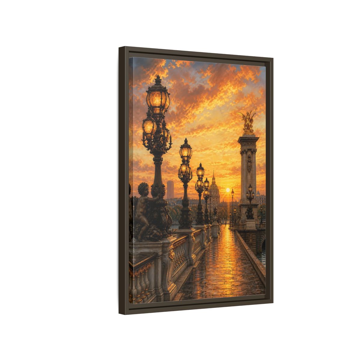 Side Mockup 2. Vintage Parisian Bridge Golden Sunset shown as stretched canvas wall art