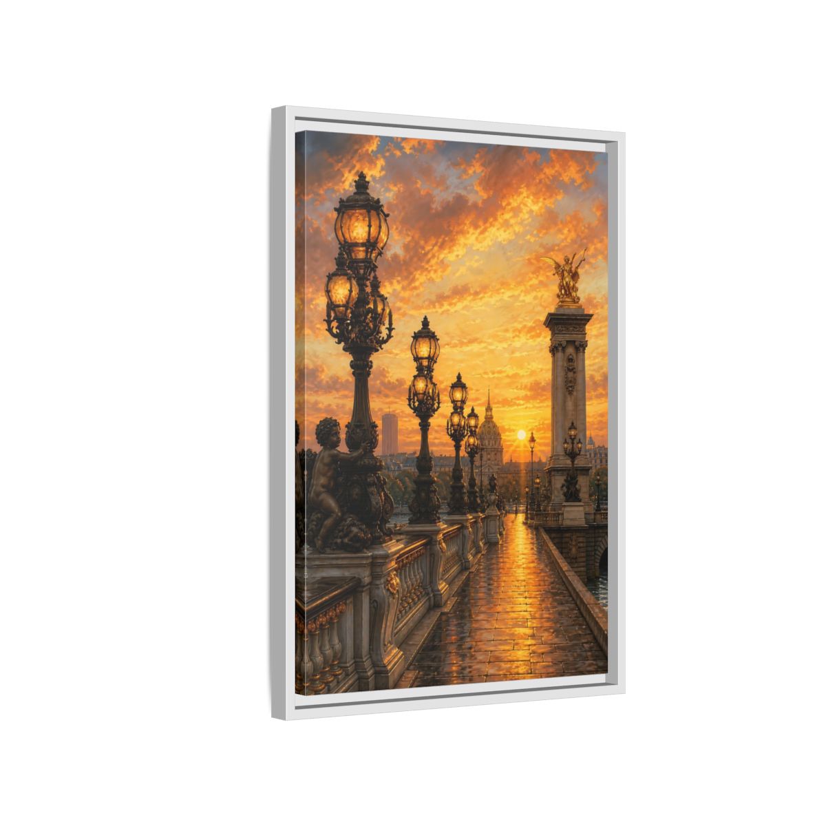Side Mockup 1. Vintage Parisian Bridge Golden Sunset shown as stretched canvas wall art