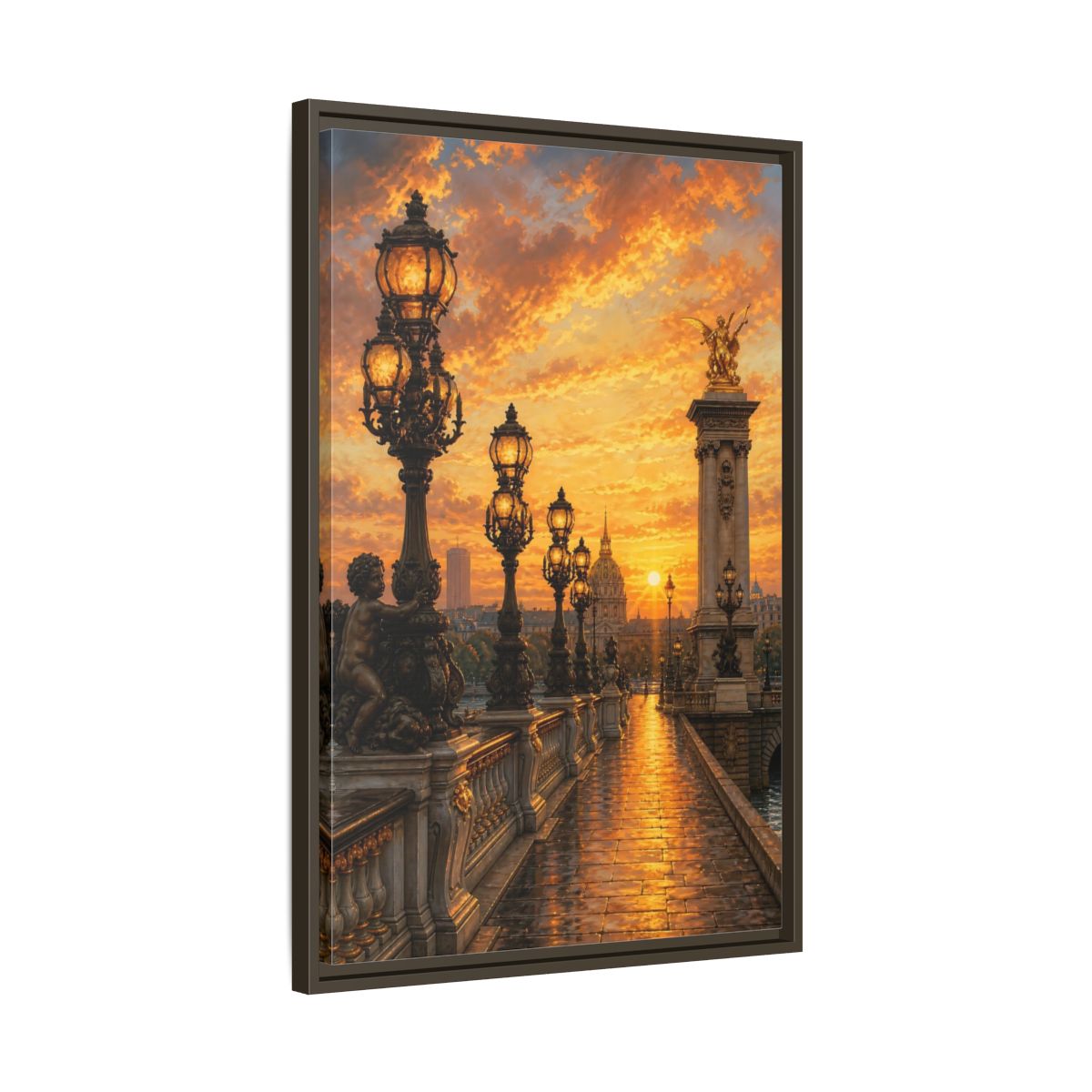 Side Mockup 11. Vintage Parisian Bridge Golden Sunset shown as stretched canvas wall art