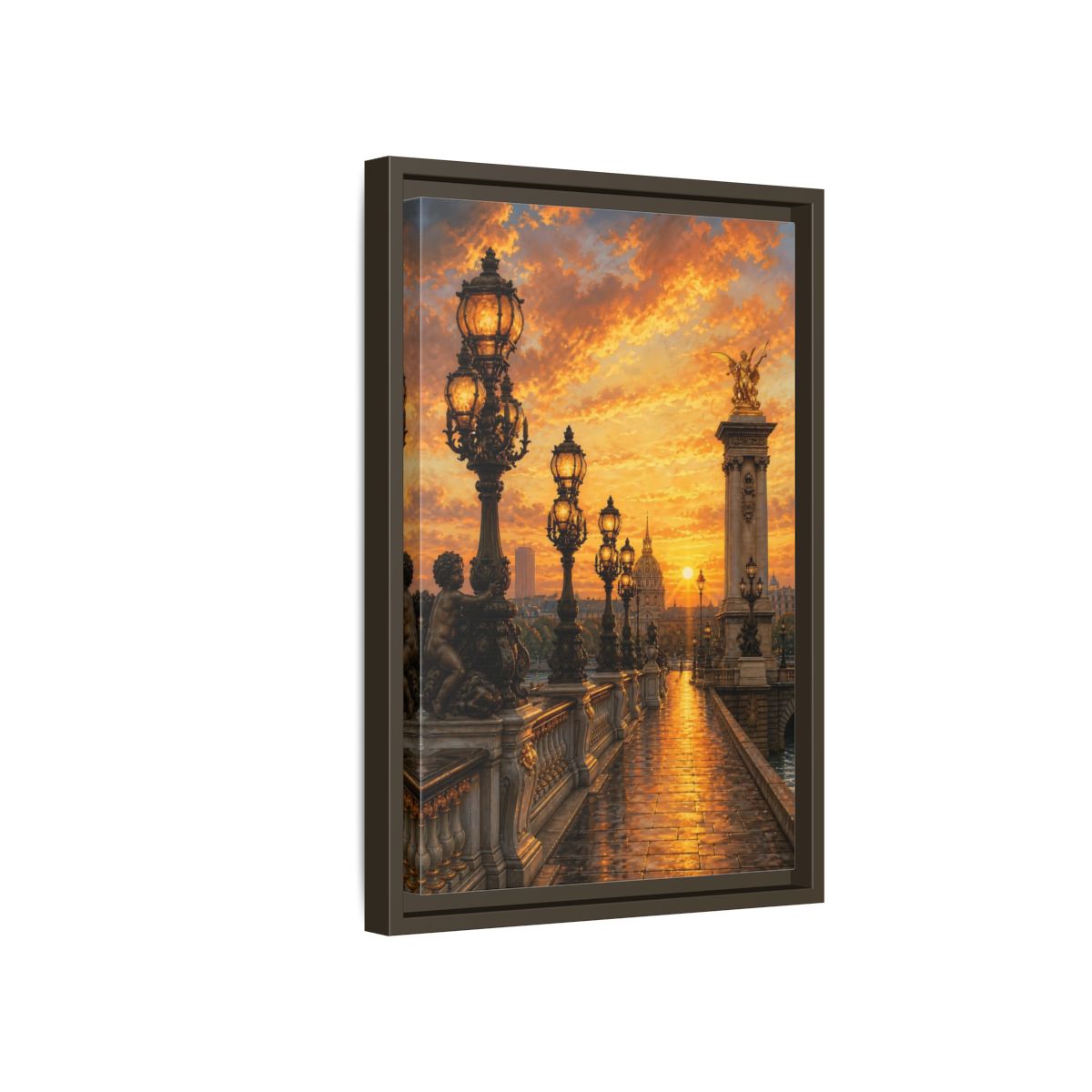 Side Mockup 5. Vintage Parisian Bridge Golden Sunset shown as stretched canvas wall art