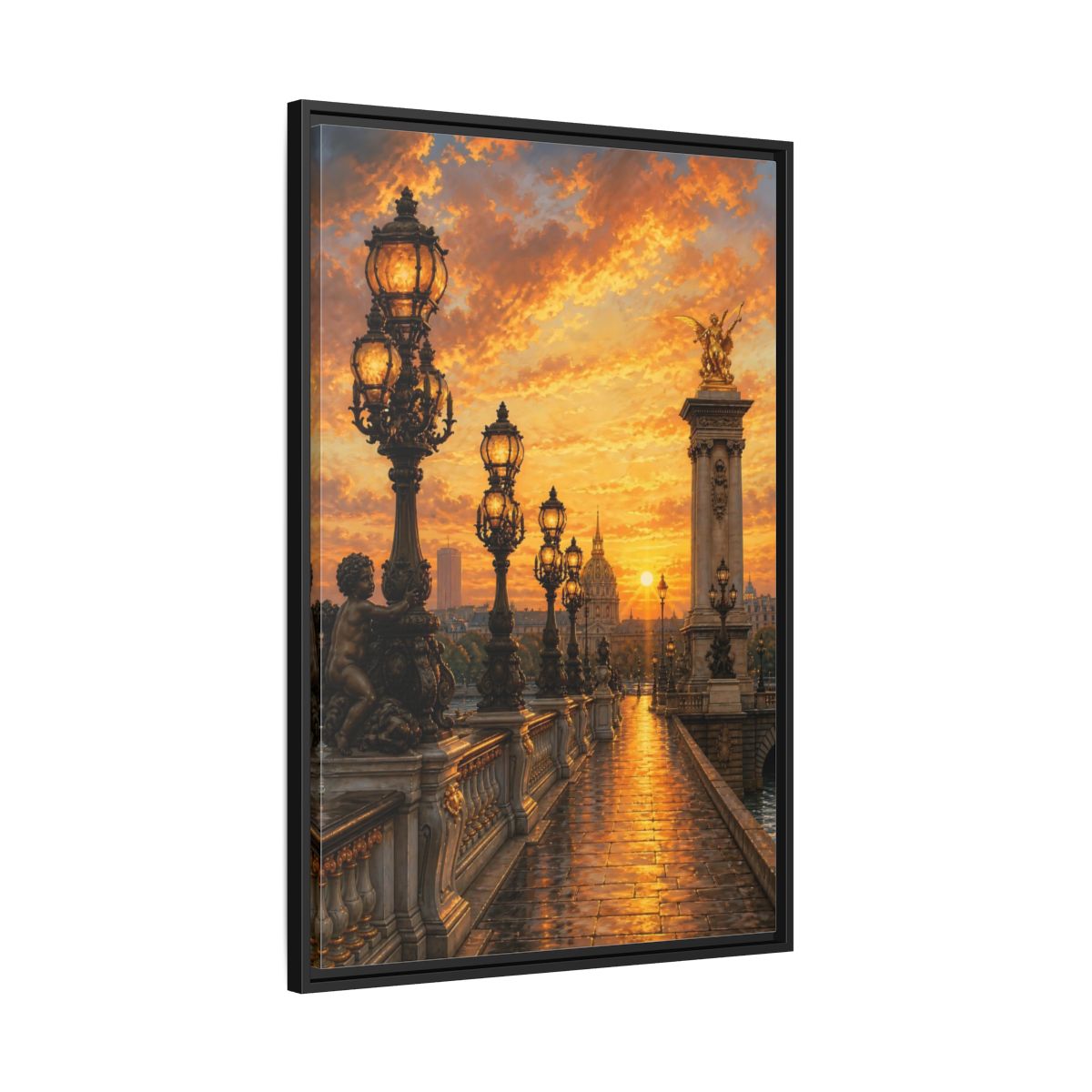 Side Mockup 13. Vintage Parisian Bridge Golden Sunset shown as stretched canvas wall art