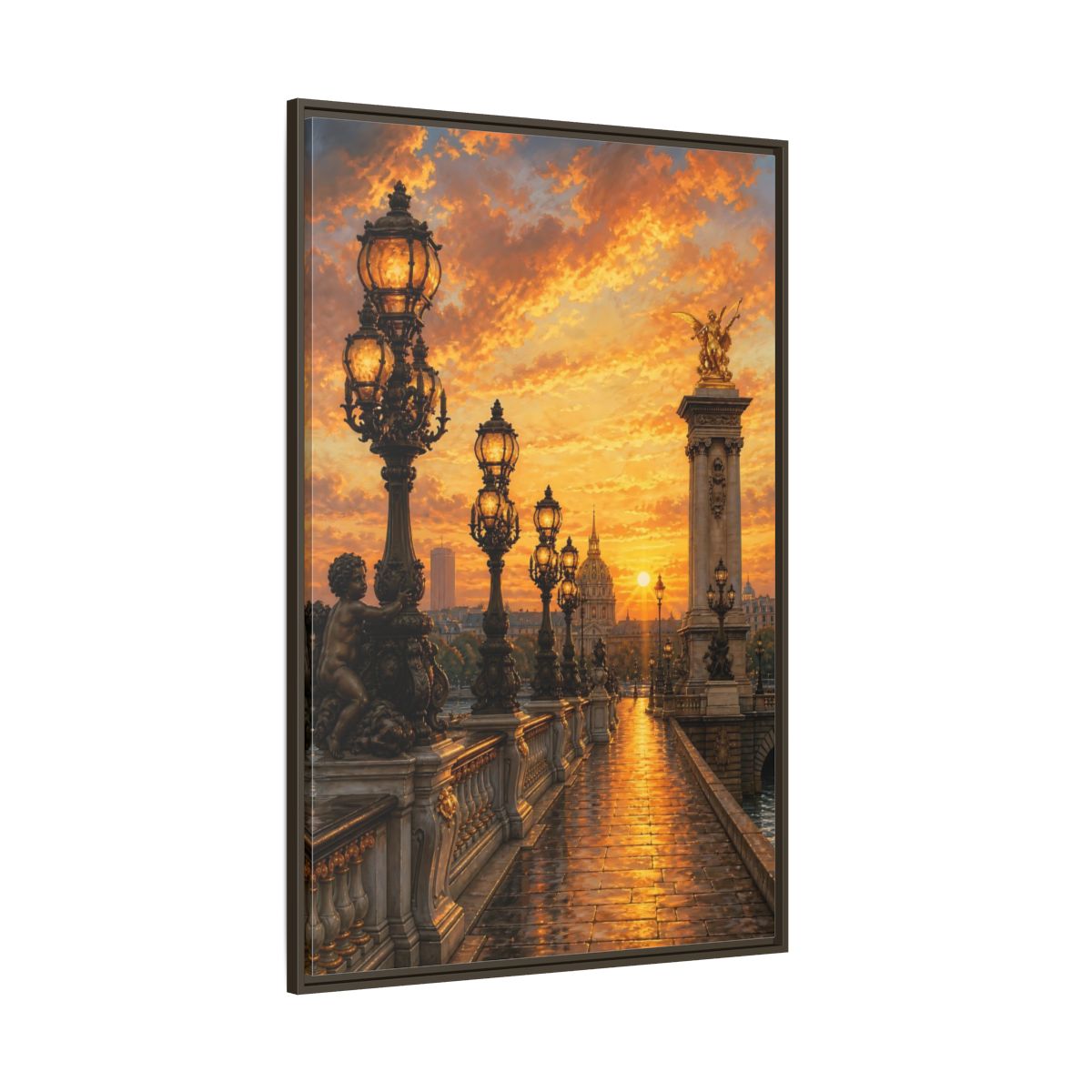 Side Mockup 8. Vintage Parisian Bridge Golden Sunset shown as stretched canvas wall art