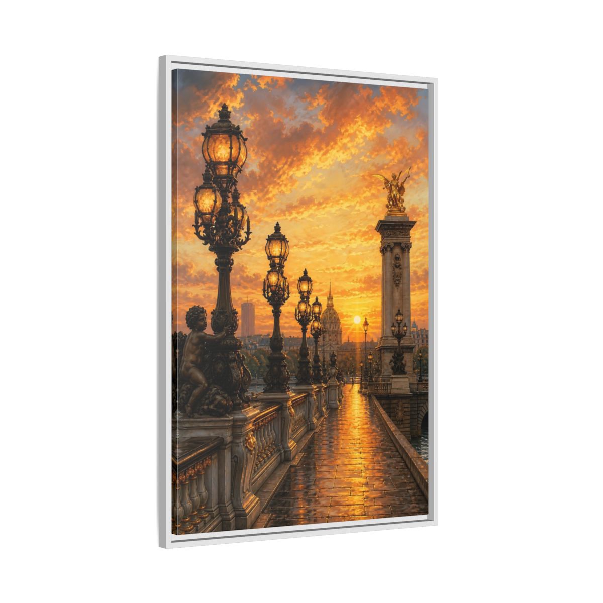 Side Mockup 9. Vintage Parisian Bridge Golden Sunset shown as stretched canvas wall art