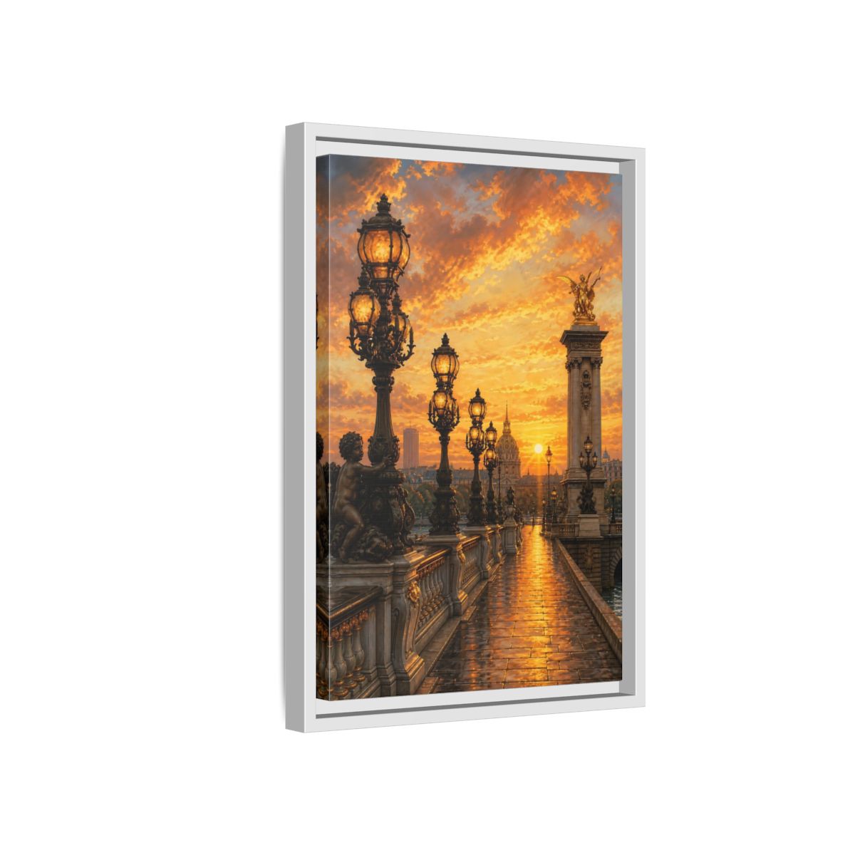 Side Mockup 4. Vintage Parisian Bridge Golden Sunset shown as stretched canvas wall art