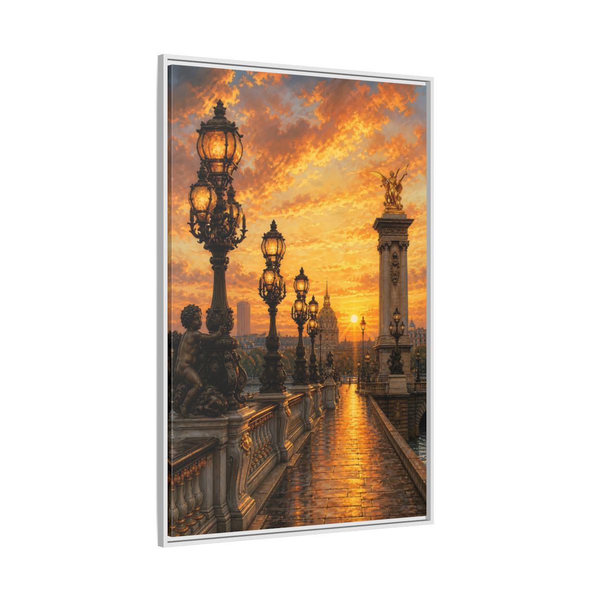 Side Mockup 7. Vintage Parisian Bridge Golden Sunset shown as stretched canvas wall art