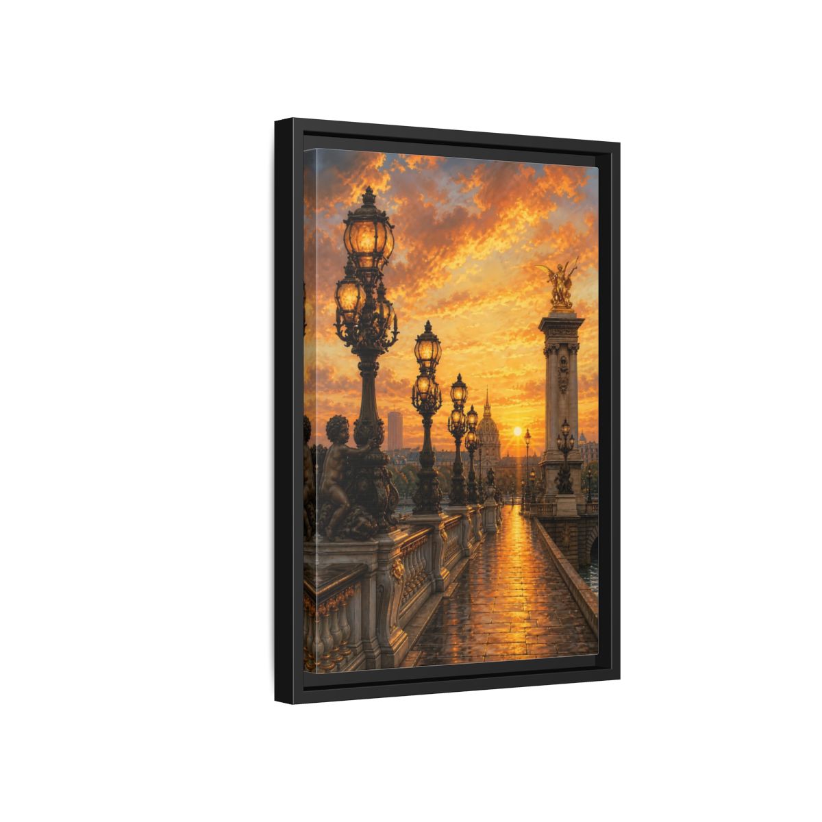 Side Mockup 6. Vintage Parisian Bridge Golden Sunset shown as stretched canvas wall art