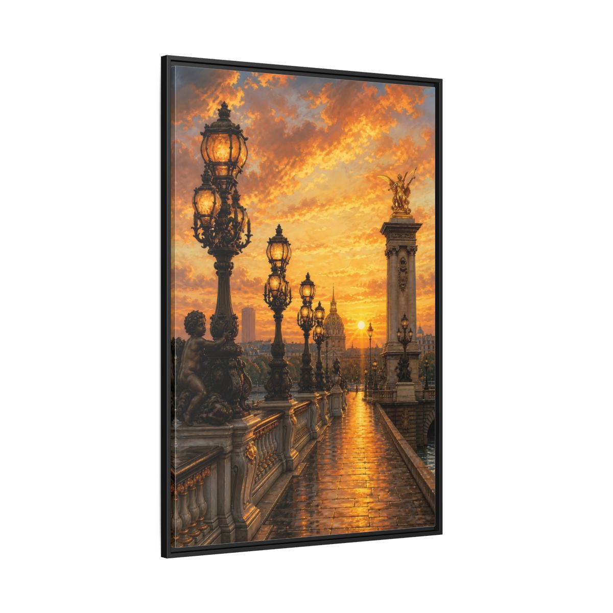Side Mockup 12. Vintage Parisian Bridge Golden Sunset shown as stretched canvas wall art
