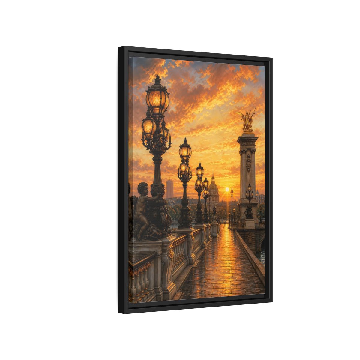 Side Mockup 3. Vintage Parisian Bridge Golden Sunset shown as stretched canvas wall art