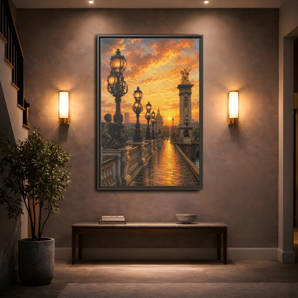 Mockup 2. Vintage Parisian Bridge Golden Sunset shown as stretched canvas wall art