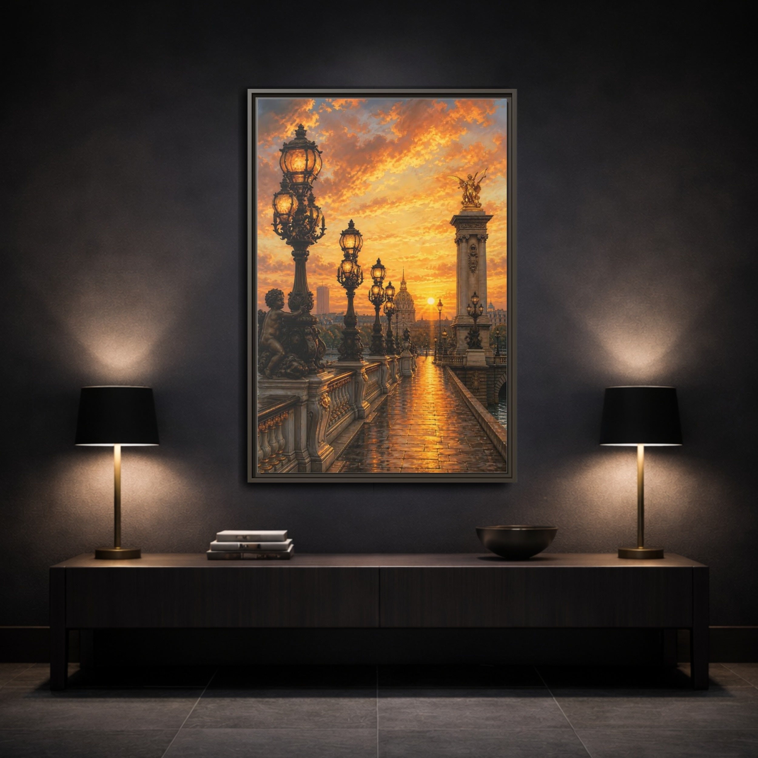Mockup 3. Vintage Parisian Bridge Golden Sunset shown as stretched canvas wall art