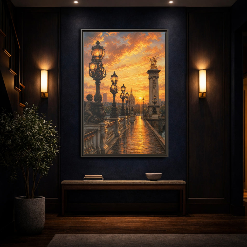 Mockup 4. Vintage Parisian Bridge Golden Sunset shown as stretched canvas wall art