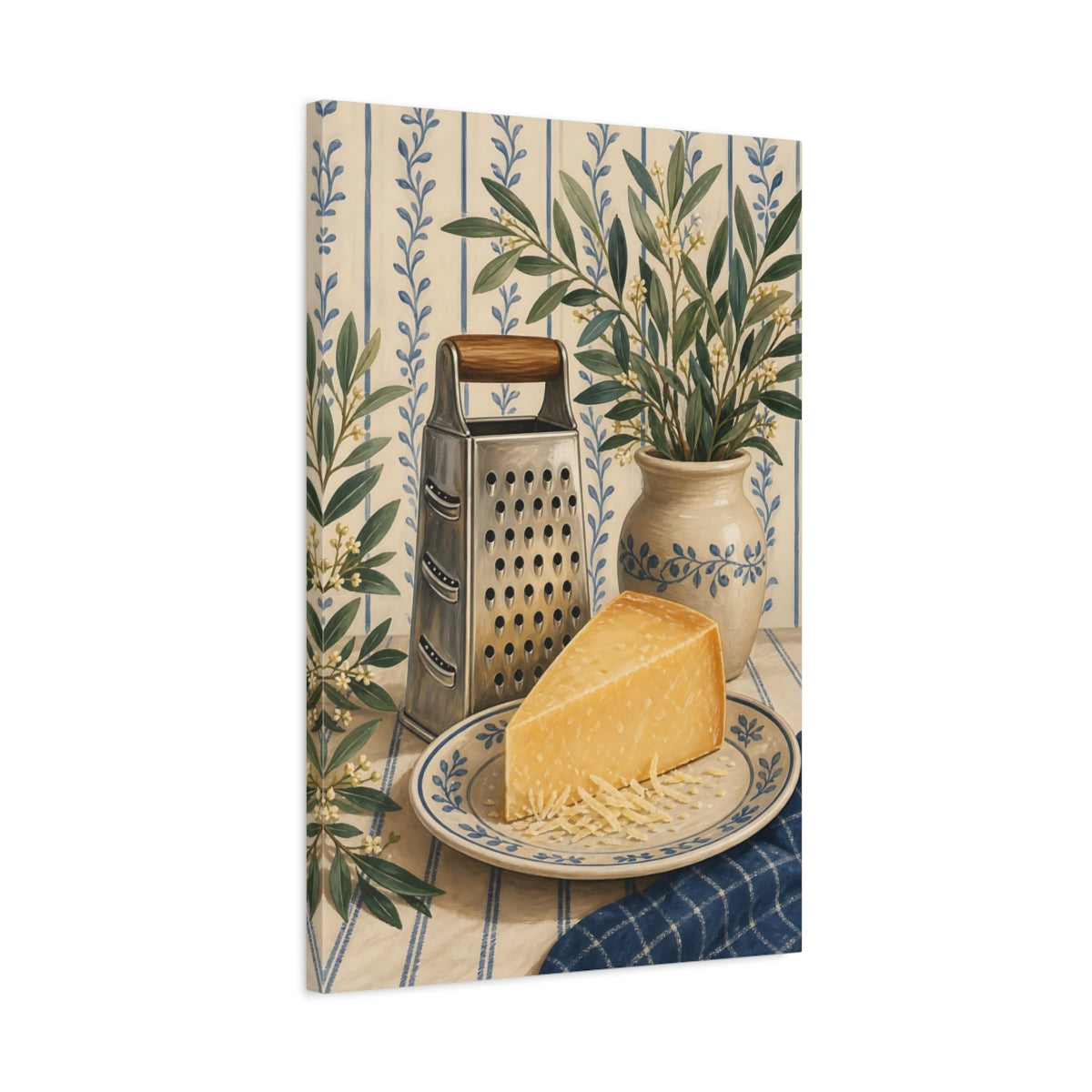 Side Mockup 2. Vintage Parmesan Cheese Blue And Yellow Kitchen shown as stretched canvas wall art