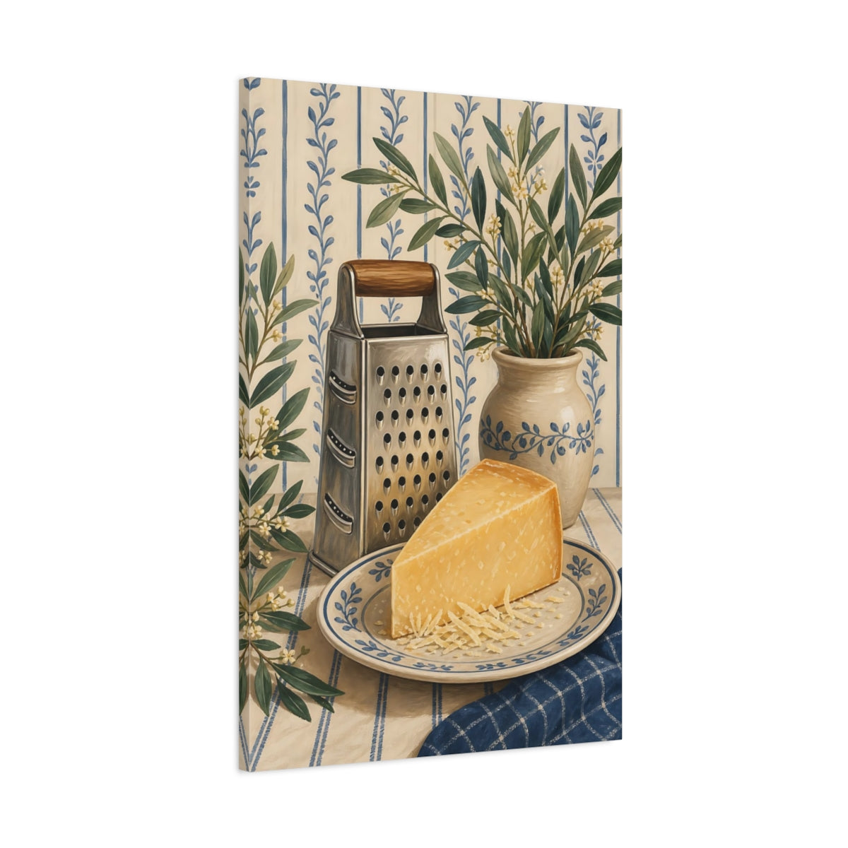 Main Mockup. Vintage Parmesan Cheese Blue And Yellow Kitchen shown as stretched canvas wall art