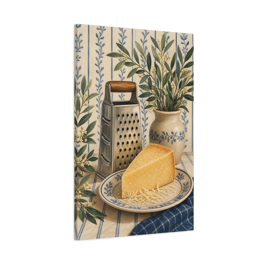 Main Mockup. Vintage Parmesan Cheese Blue And Yellow Kitchen shown as stretched canvas wall art