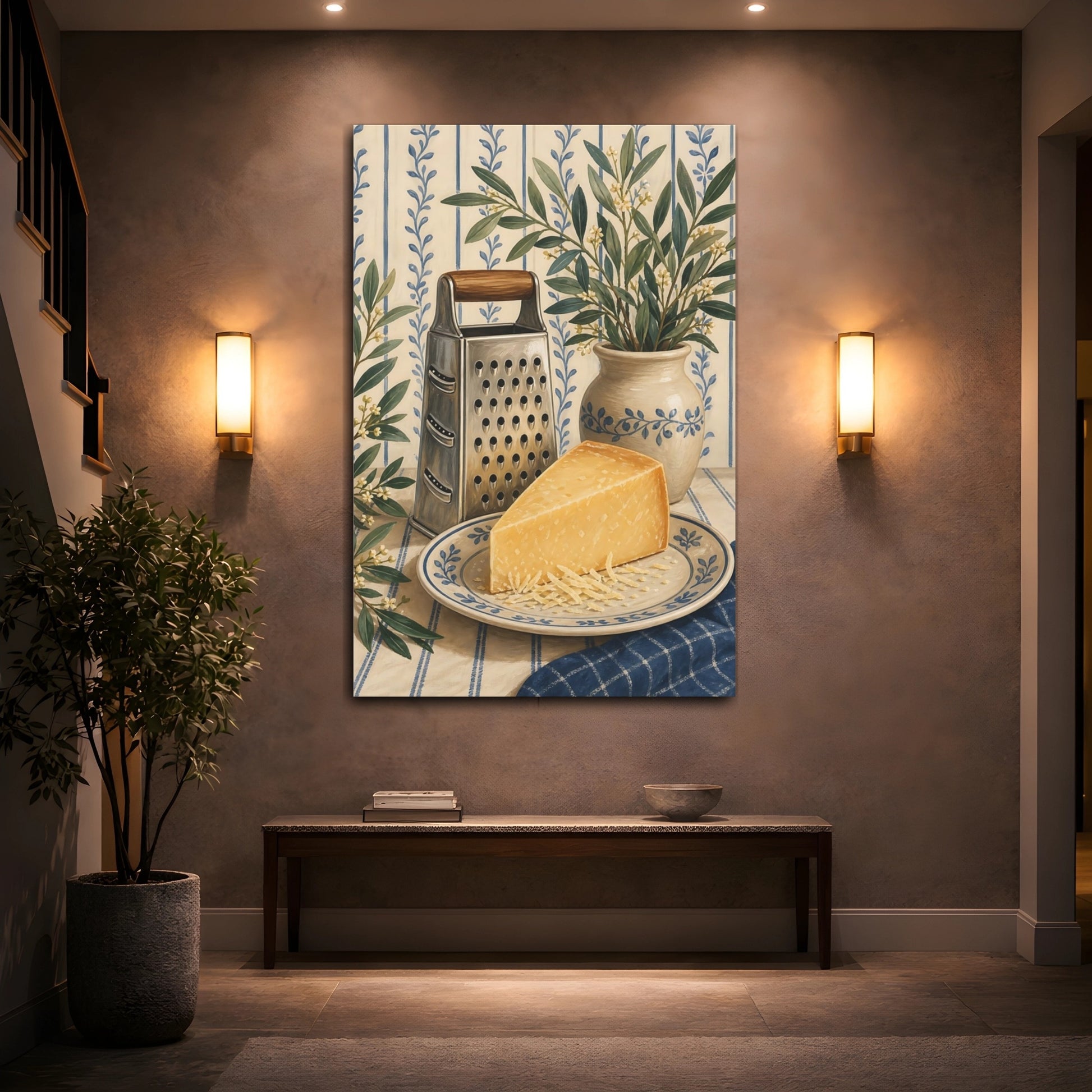 Mockup 2. Vintage Parmesan Cheese Blue And Yellow Kitchen shown as stretched canvas wall art